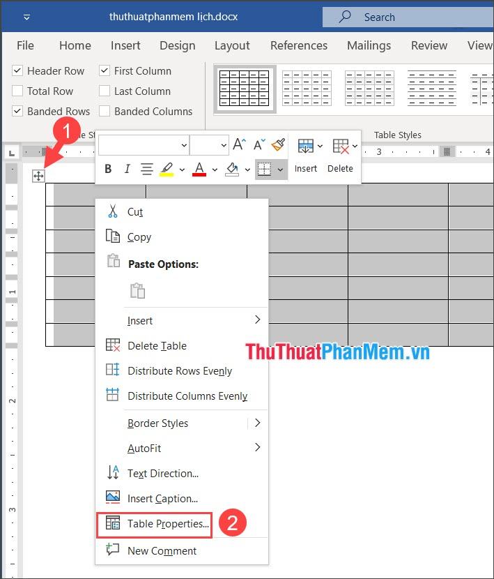 Nhấp chuột phải vào bảng và chọn Thuộc tính bảng