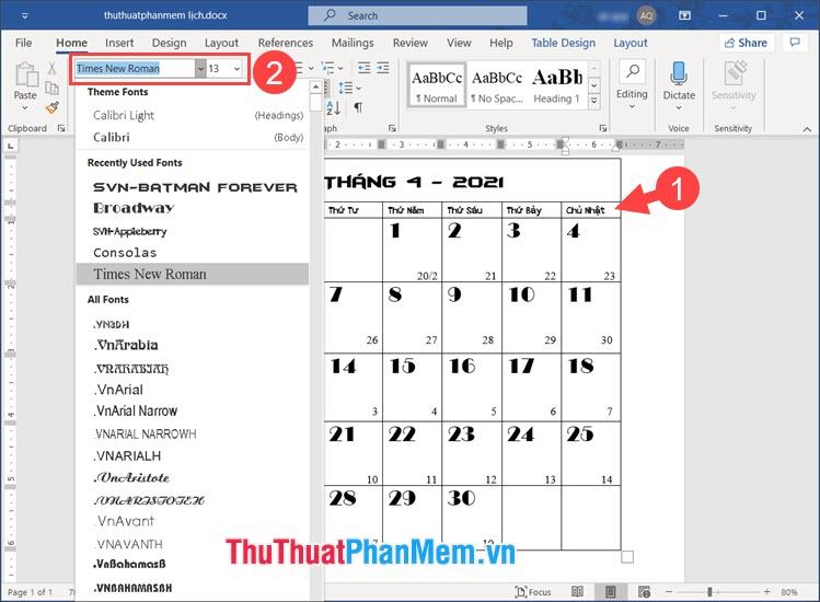 Click vào bảng để thay đổi Font chữ và cỡ chữ giúp lịch độc đáo hơn