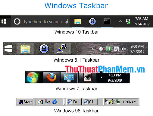 Hình ảnh Thanh tác vụ trong một số phiên bản Windows khác nhau