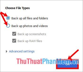 Chọn Sao lưu tất cả tệp và thư mục hoặc Sao lưu ảnh và video