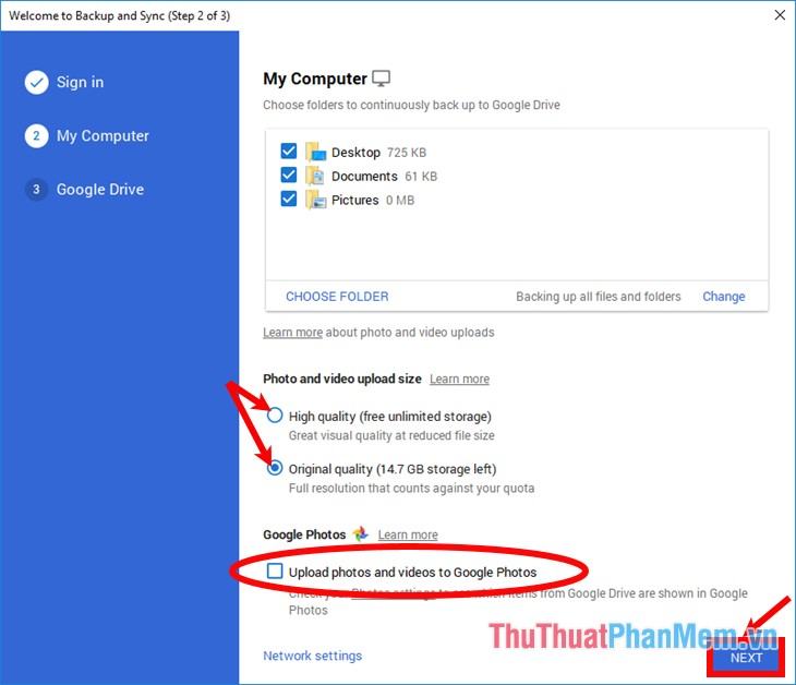 Chọn chất lượng cho ảnh và video để đồng bộ hóa với Google Backup and Sync