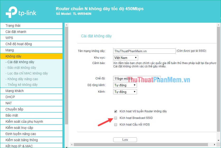 Để ẩn SSID, bỏ chọn hộp Enable Broadcast SSID