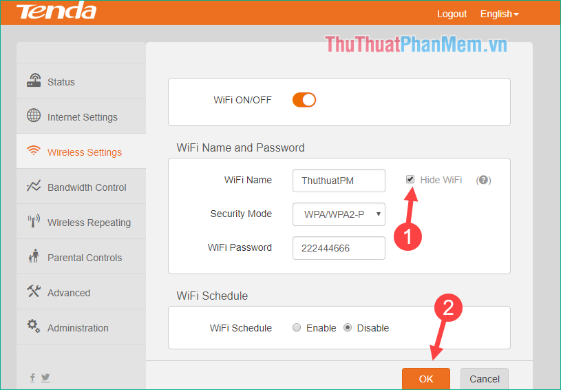 Tích vào mục Hide WIFI để ẩn mạng Wifi nhà bạn