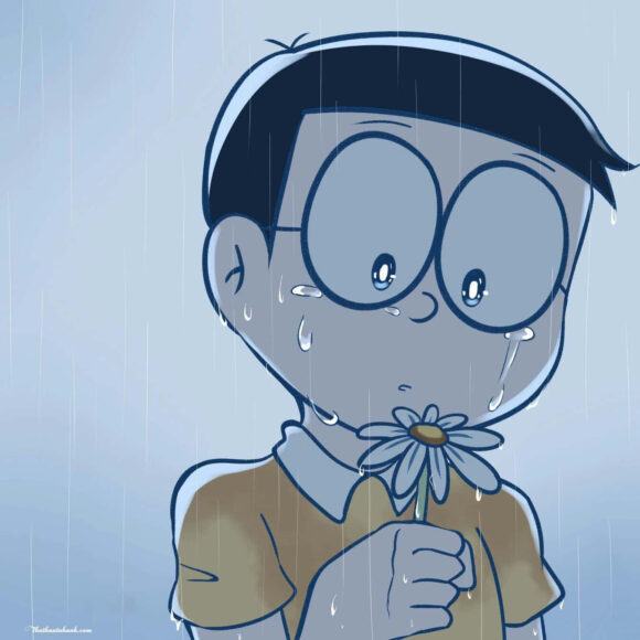nobita khóc dưới mưa