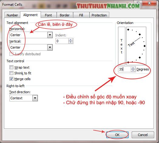Cach viet chu xoay doc xoay nghieng trong Excel