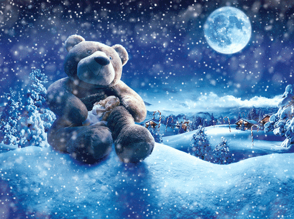 Hoạt hình 3D của gấu bông ngoài trời trong mưa tuyết
