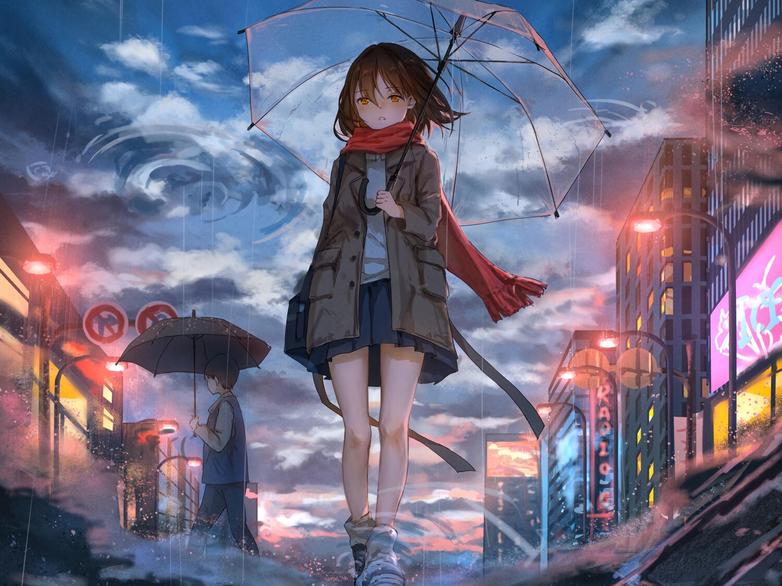Cô gái anime buồn che ô trong mưa
