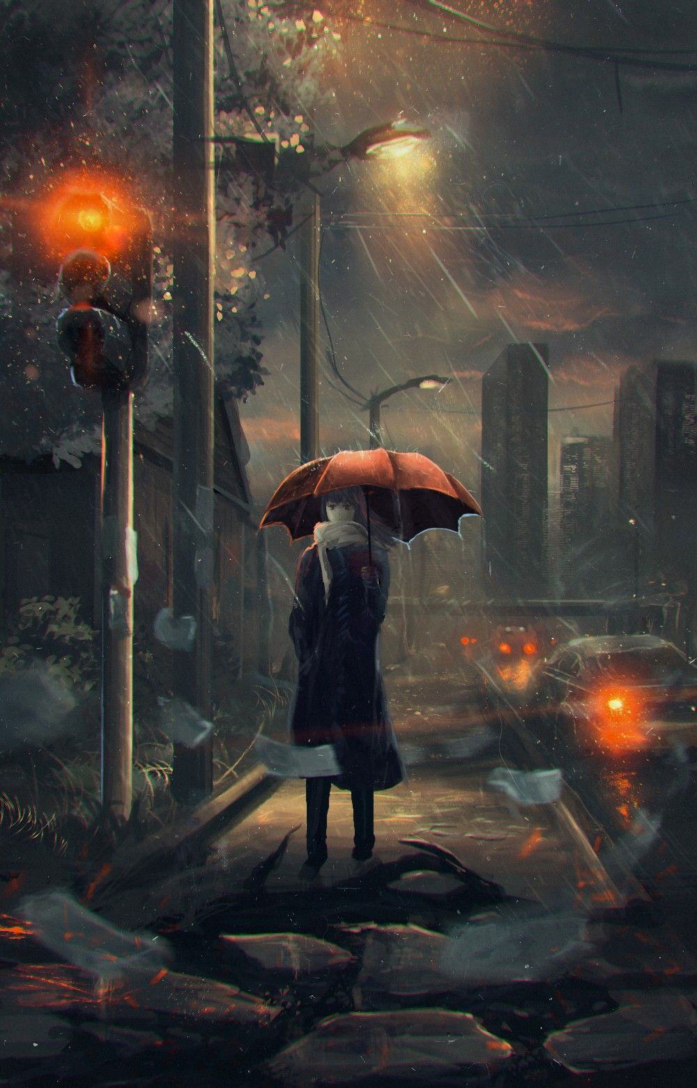 Hình ảnh anime girl che ô dưới mưa buồn cô đơn
