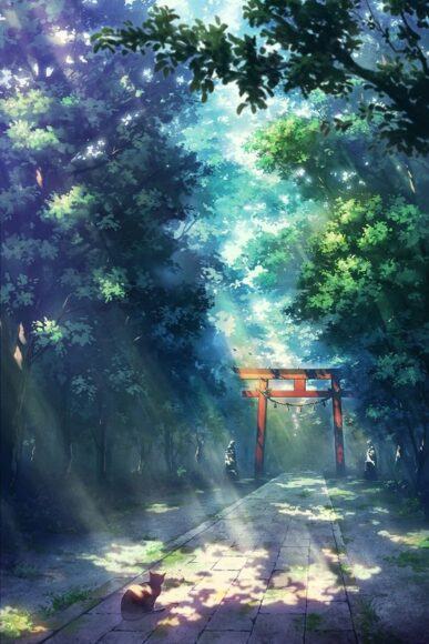 Hình ảnh anime thiên nhiên về phong cảnh rừng đầy nắng