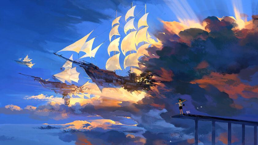 hình ảnh anime của một con tàu bay trên bầu trời