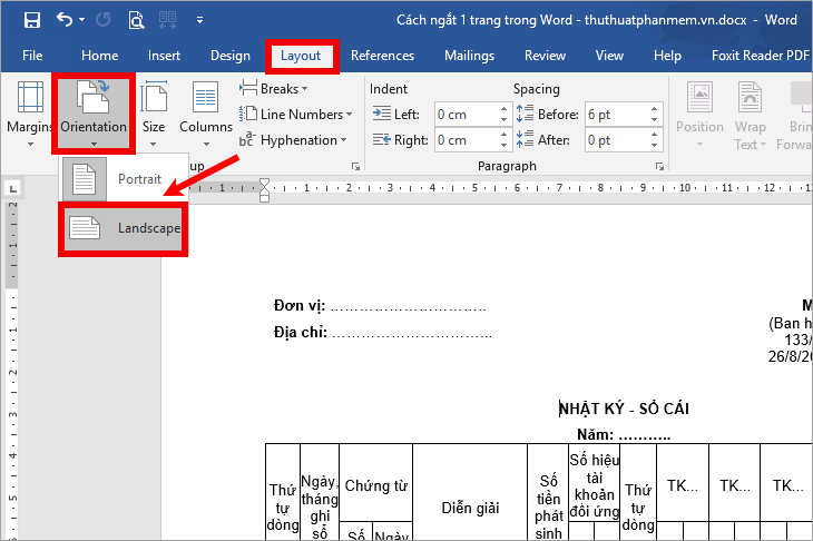 Ở trang 2 chọn Bố cục - Hướng - Ngang