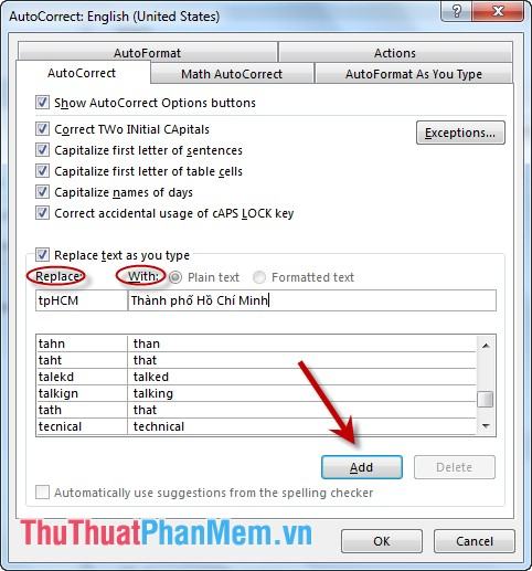 Hộp thoại AutoCorrect tiếng Anh