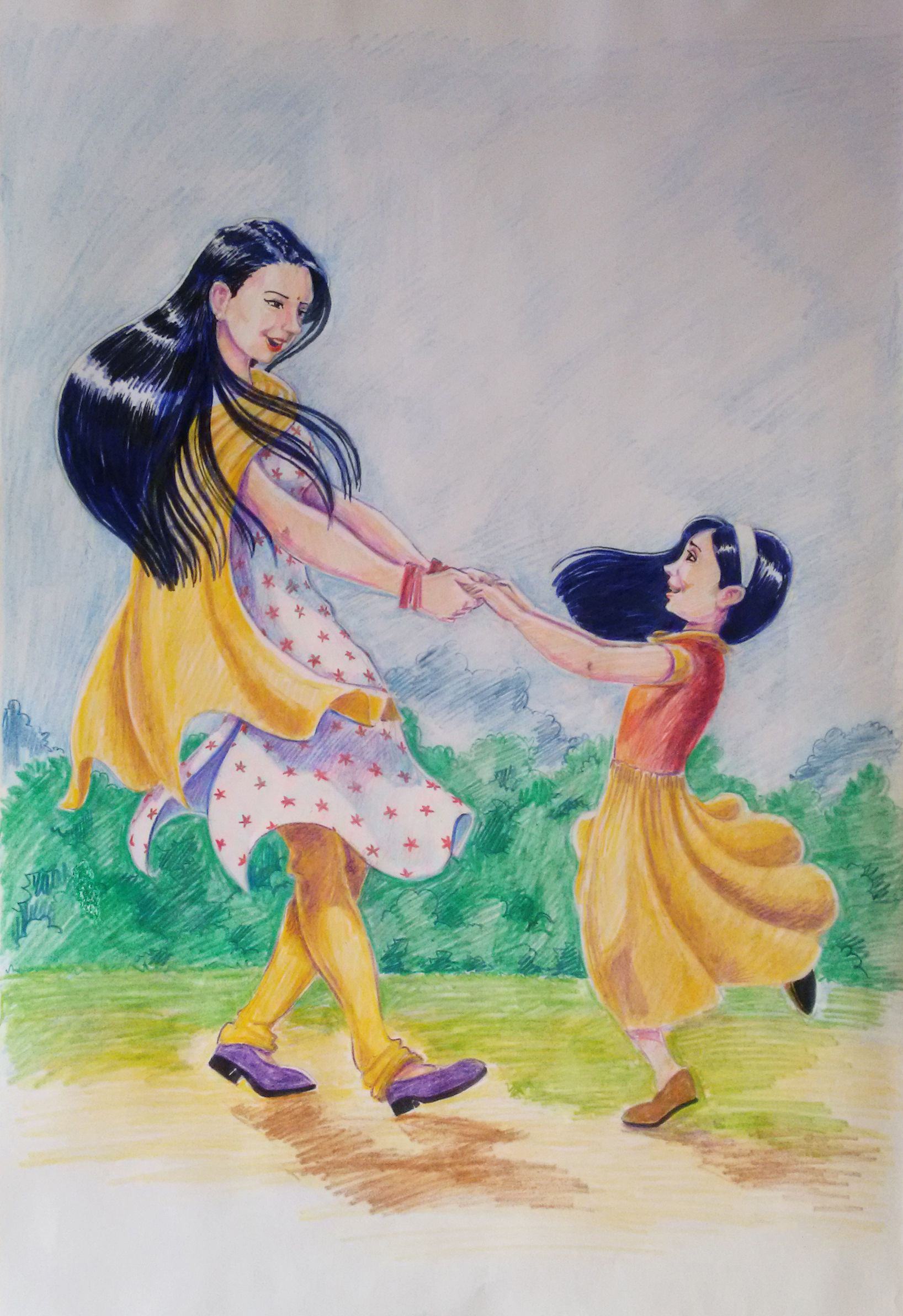 Bức tranh mẹ và con gái hạnh phúc