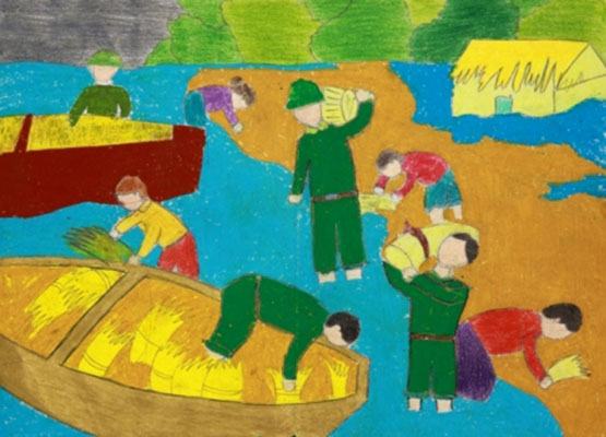 Bài vẽ mẫu về chủ đề gặt lúa của học sinh