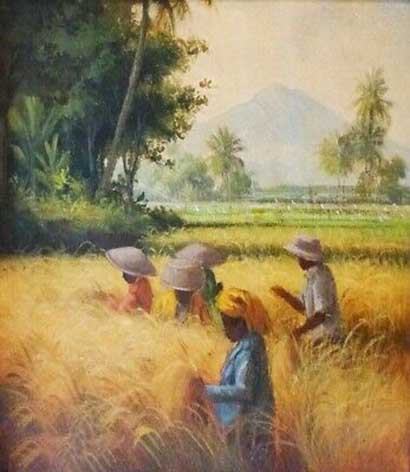 Tranh mẫu bác nông dân đang gặt lúa