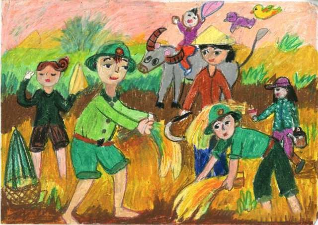 Tranh bộ đội giúp dân gặt lúa