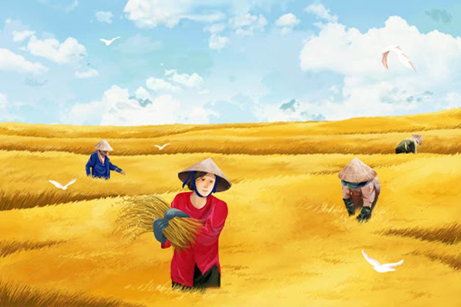 Tranh thu hoạch lúa
