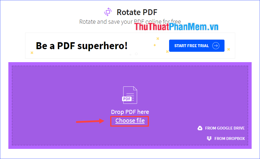 Dùng chuột kéo file PDF cần xoay rồi thả vào khu vực Drop PDF here