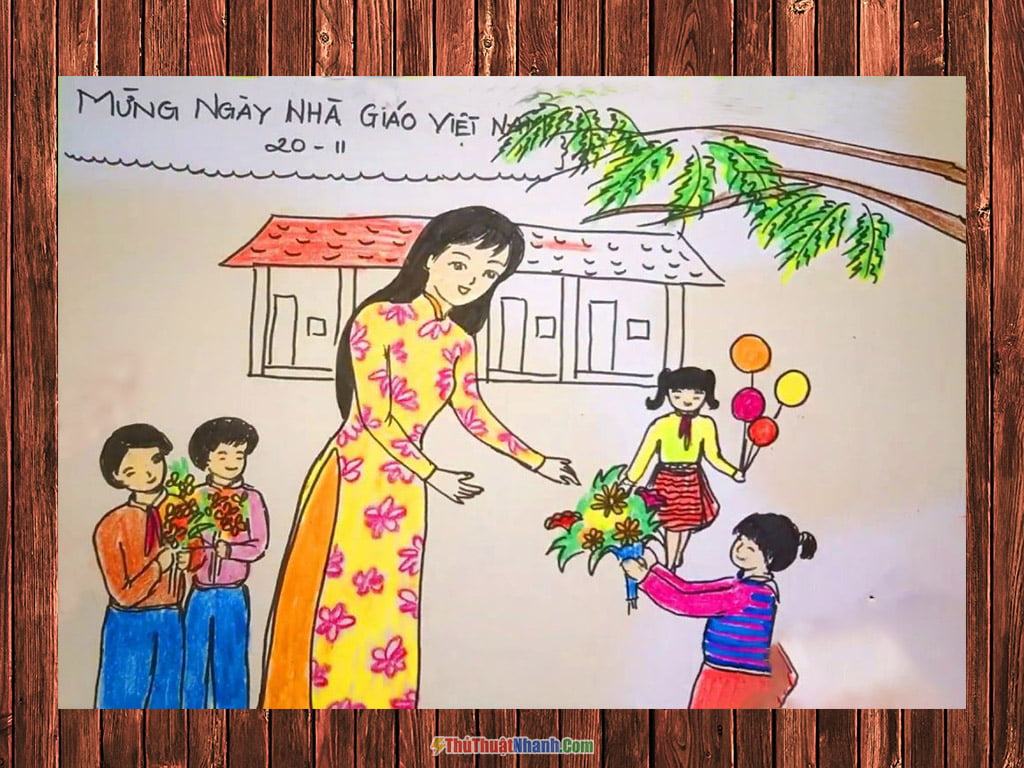 Tranh vẽ ngày nhà giáo Việt Nam lớp 8 học sinh tặng hoa cô giáo
