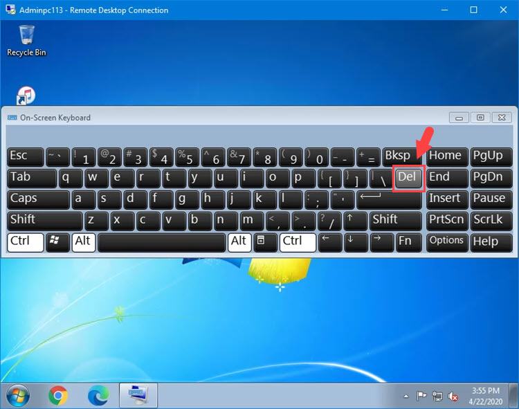 Sử dụng tổ hợp phím Ctrl + Alt trên bàn phím thực và nhấn phím Del trên bàn phím ảo
