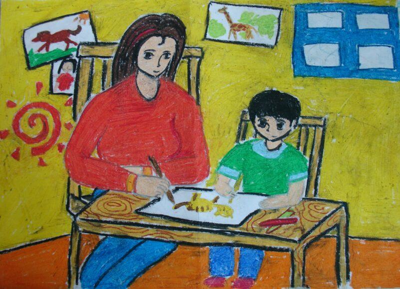 Hình ảnh mẹ và bé tập vẽ và tô màu