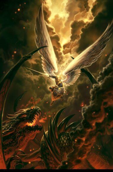 Hình ảnh một thiên thần chiến đấu với một con rồng