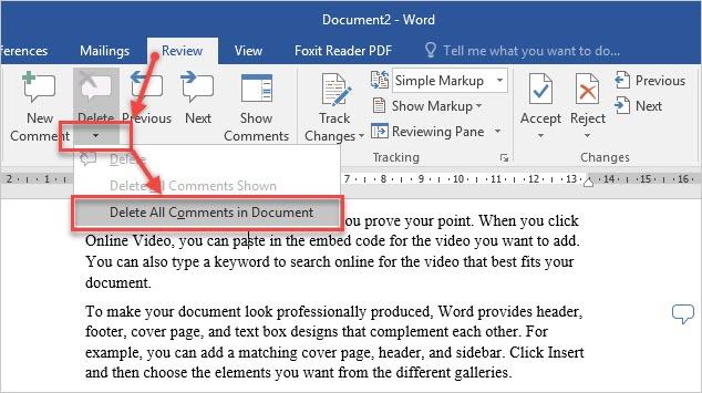 Chọn Xóa tất cả nhận xét trong tài liệu