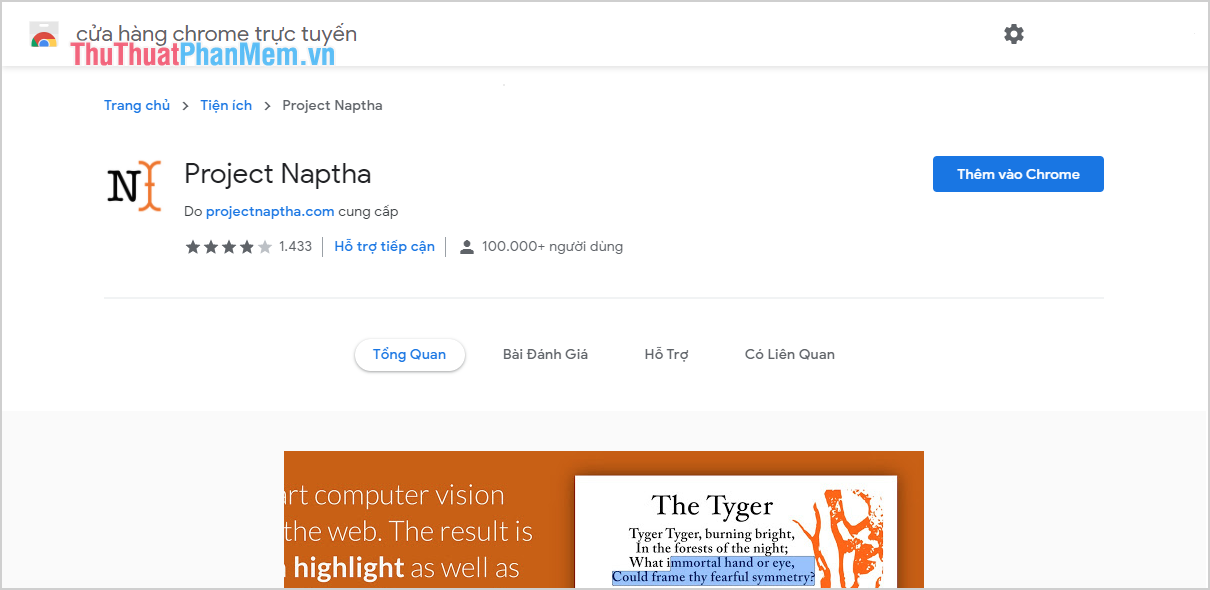 Tiếp tục đến trang chủ Project Naptha và chọn Thêm vào Chrome để cài đặt tiện ích mở rộng