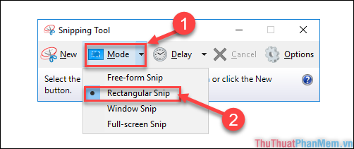 Chọn “Mode” → nhấp vào chế độ “Rectangular Snip”