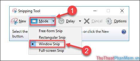 Chọn “Mode” → chọn chế độ “Window Snip”