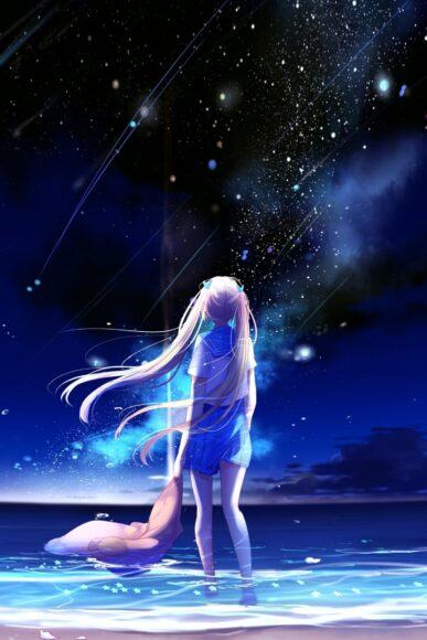 Ảnh anime bầu trời đêm đầy sao cô gái buồn một mình