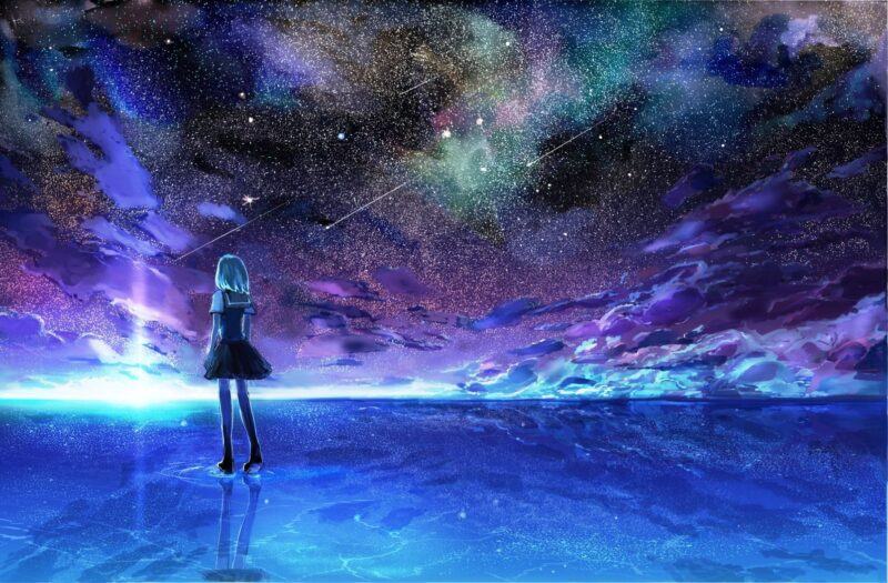 Hình ảnh bầu trời đêm cô đơn của cô gái anime