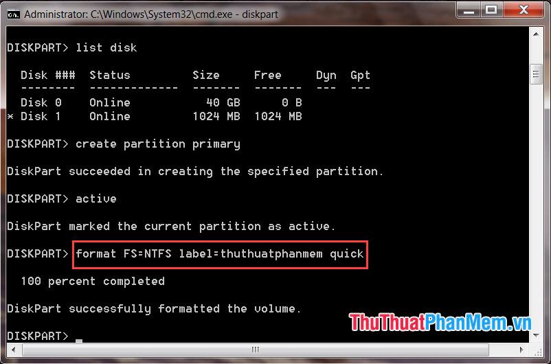 Nhập định dạng lệnh FS=NTFS label=ten o dia quick