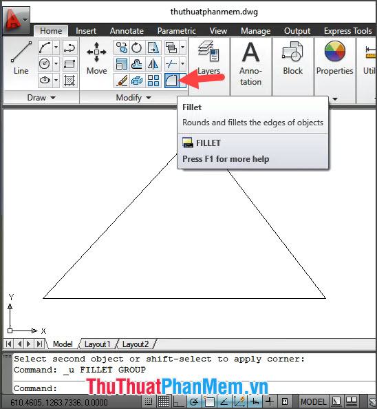 Nhấp vào công cụ Fillet
