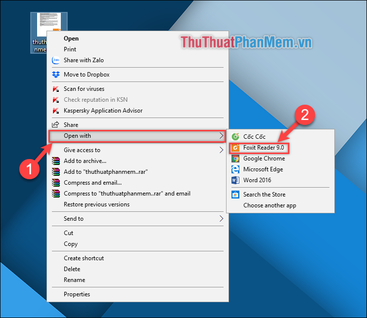 Click chuột phải vào file PDF → chọn Open with → chọn Foxit Reader