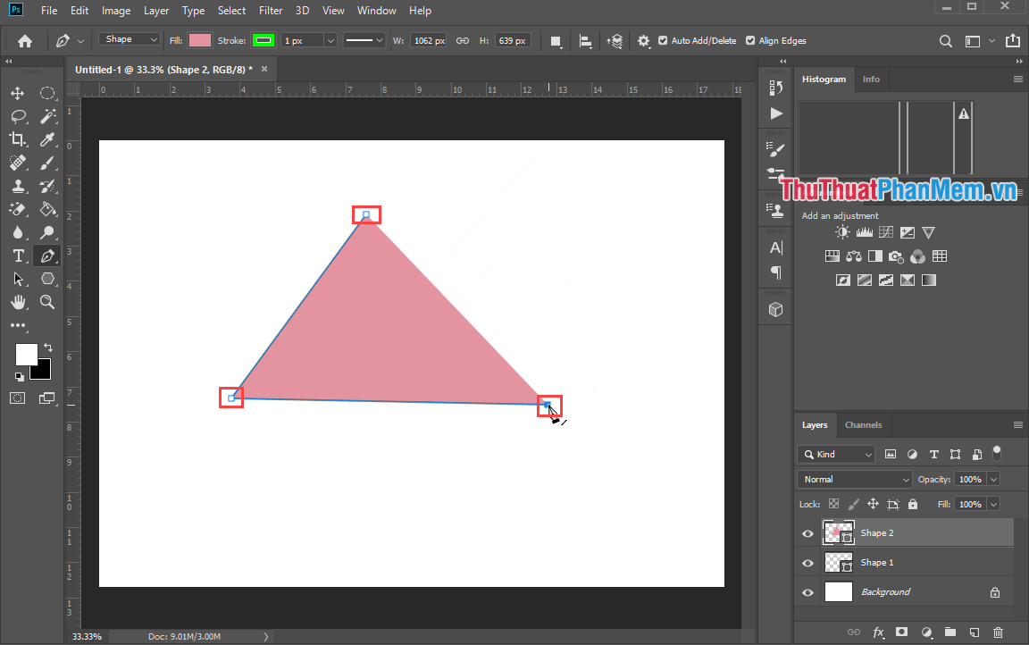 Bấm vào điểm đầu tiên ta chấm để hoàn thành hình tam giác