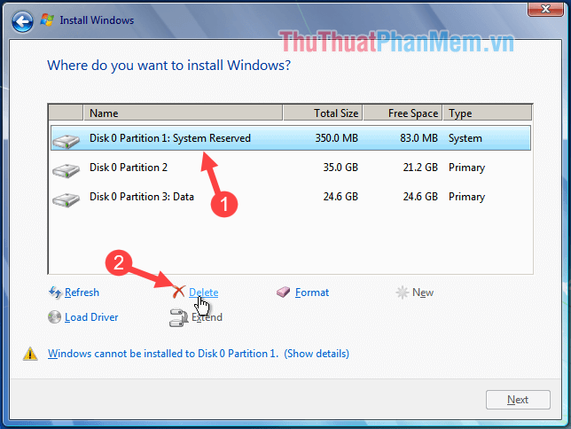Chọn phân vùng Hệ thống và nhấn Delete