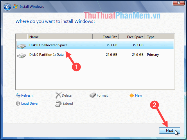 Chọn phân vùng không gian chưa phân bổ và nhấp vào Tiếp theo