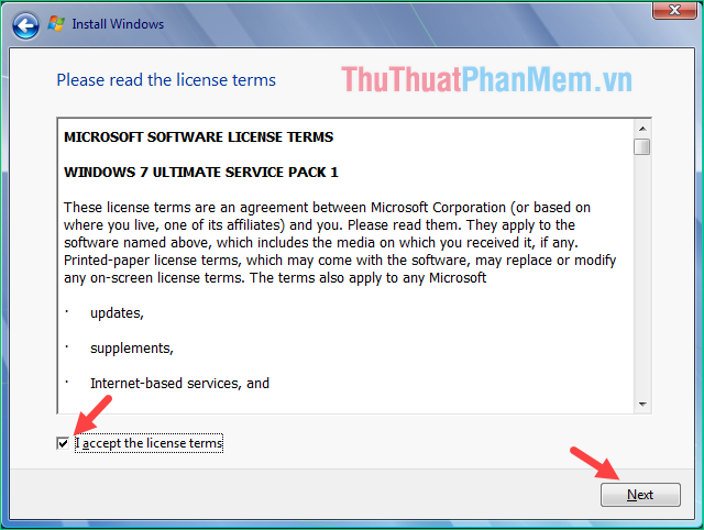 Kiểm tra Tôi chấp nhận các điều khoản cấp phép và nhấp vào Tiếp theo