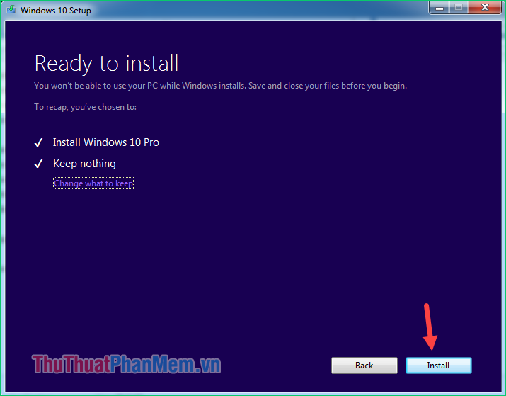 Nhấn Install để bắt đầu cài đặt windows