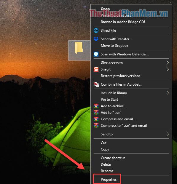 Nhấp chuột phải vào thư mục, chọn Thuộc tính