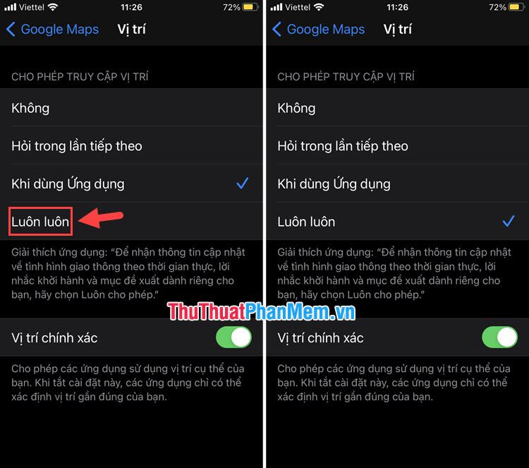 Chọn Luôn luôn để cấp cho ứng dụng quyền truy cập vị trí liên tục ngay cả khi Google Maps bị đóng