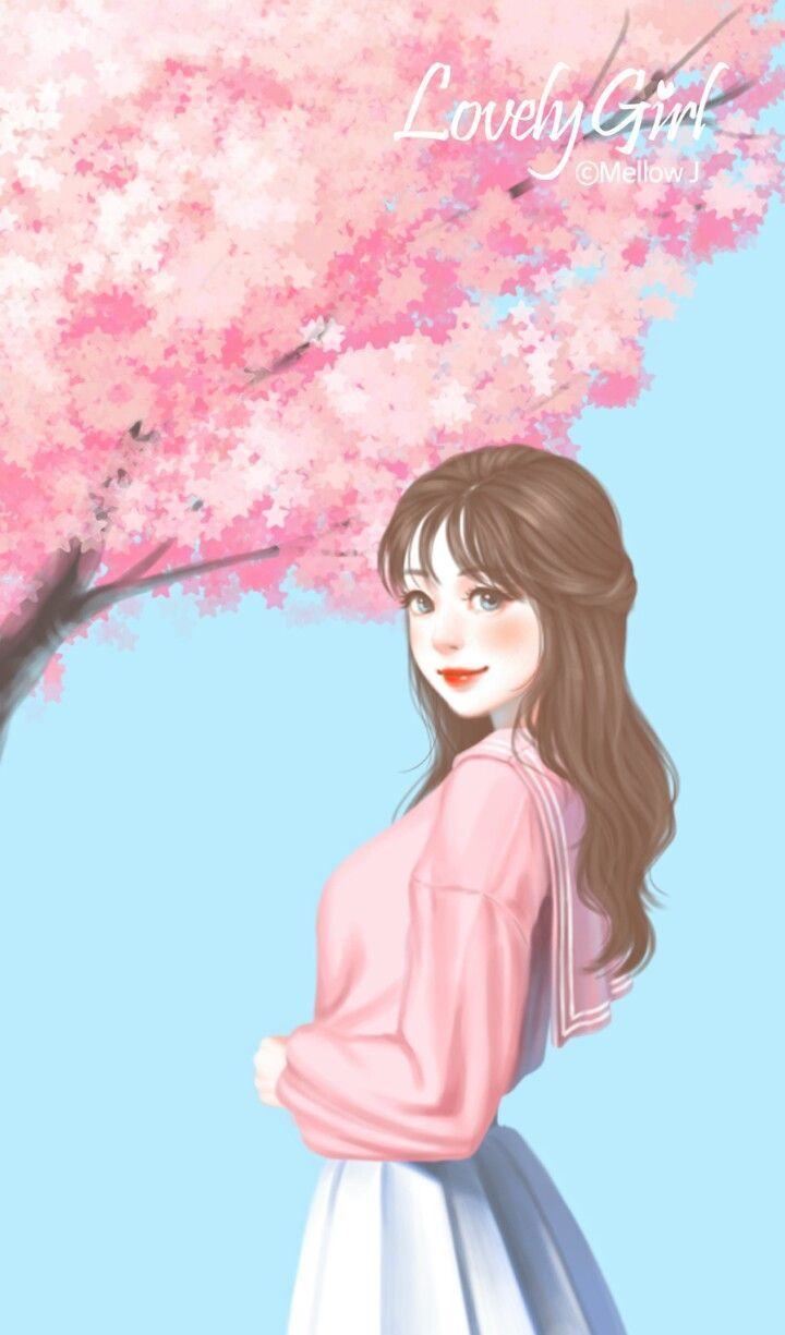 Ảnh anime Hàn Quốc cô gái đứng dưới gốc cây hoa anh đào