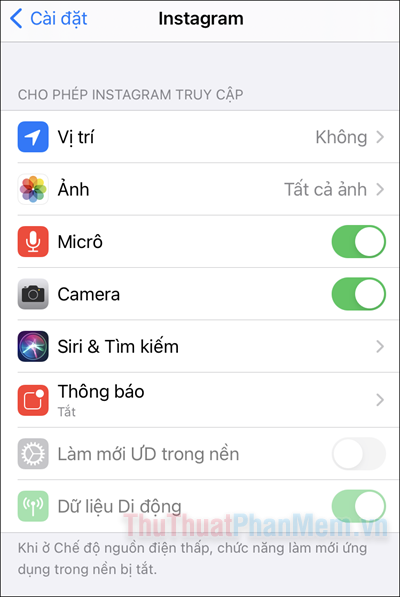 Bật các quyền mà Instagram yêu cầu, quan trọng nhất là Ảnh, Micrô và Máy ảnh