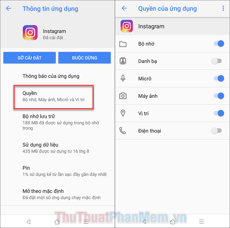 Chọn Quyền và đảm bảo rằng bạn đã cho phép Instagram truy cập các thành phần cần thiết