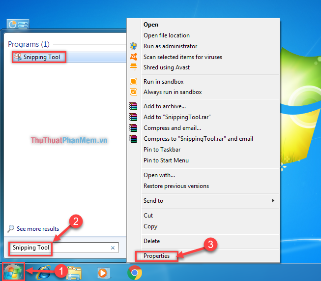 Vào “Menu Start” gõ “Snipping Tool” - click chuột phải vào tiện ích và chọn “Properties”