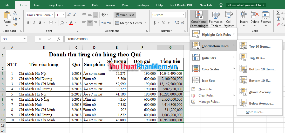 Excel xác định thứ hạng của ô trong phạm vi dữ liệu và định dạng nó