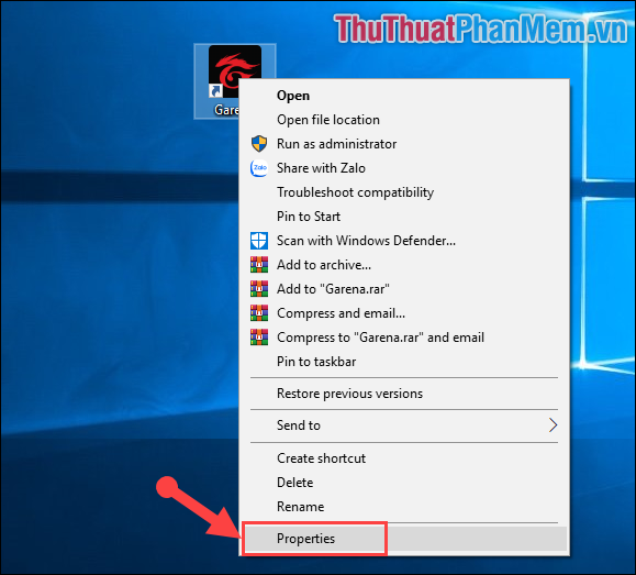 Click chuột phải vào biểu tượng ứng dụng Garena, chọn Properties