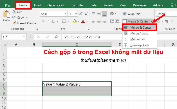 Chọn lại các ô bạn muốn hợp nhất và chọn Hợp nhất & Trung tâm