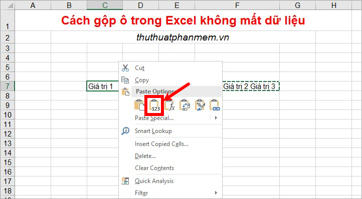 Sao chép dữ liệu trong ô bằng hàm và dán dữ liệu vào ô đầu tiên trong các ô cần gộp